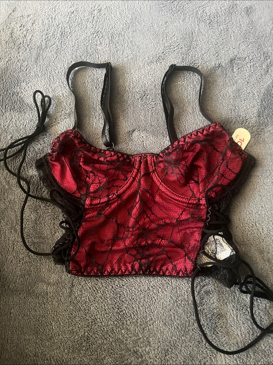 ROMWE Tops - Shein Romwe Red and black goth spider web print lace-up top XS